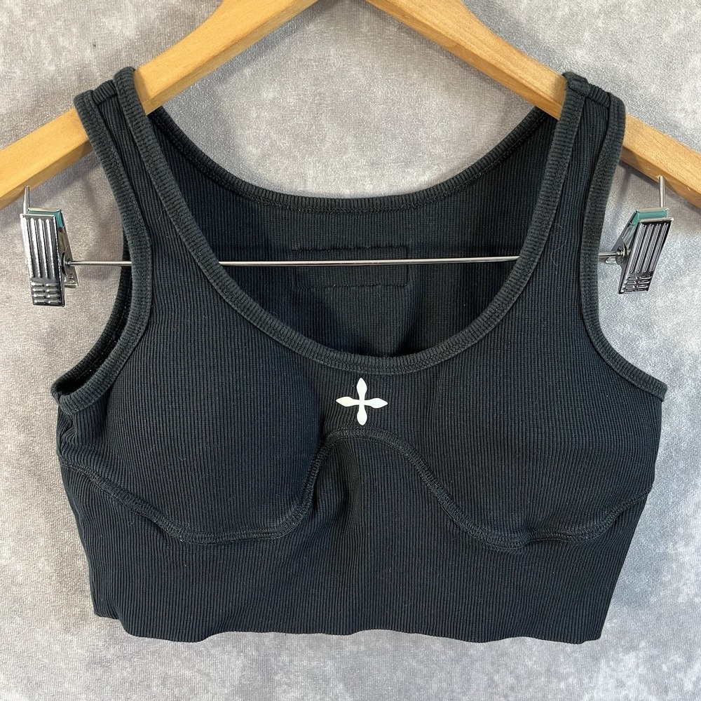 SMFK Ribbed Crop Tank Top Women S Black Underwire Stitch Cross Logo UFT13B+
